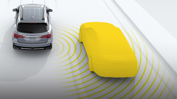 An illustrated image of a silver Acura SUV driving the left hand lane while yellow sensor lines emanate from the rear to highlight a car approaching on the right.	Illustration d’un VUS Acura argenté roulant dans la voie de gauche; les lignes jaunes qui jaillissent de l’arrière du véhicule simulent la portée des capteurs en direction d’un véhicule en approche sur la droite.