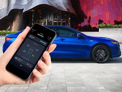 Shot of a hand holding a smart phone displaying the AcuraLink™ app in the foreground of an image. The background image features a blue Acura ILX parked in front of a futuristic building./Prise de vue d'une main tenant un téléphone intelligent affichant l'application AcuraLinkMC au premier plan d'une image. L'image de fond présente une Acura ILX bleue stationnée devant un bâtiment futuriste.